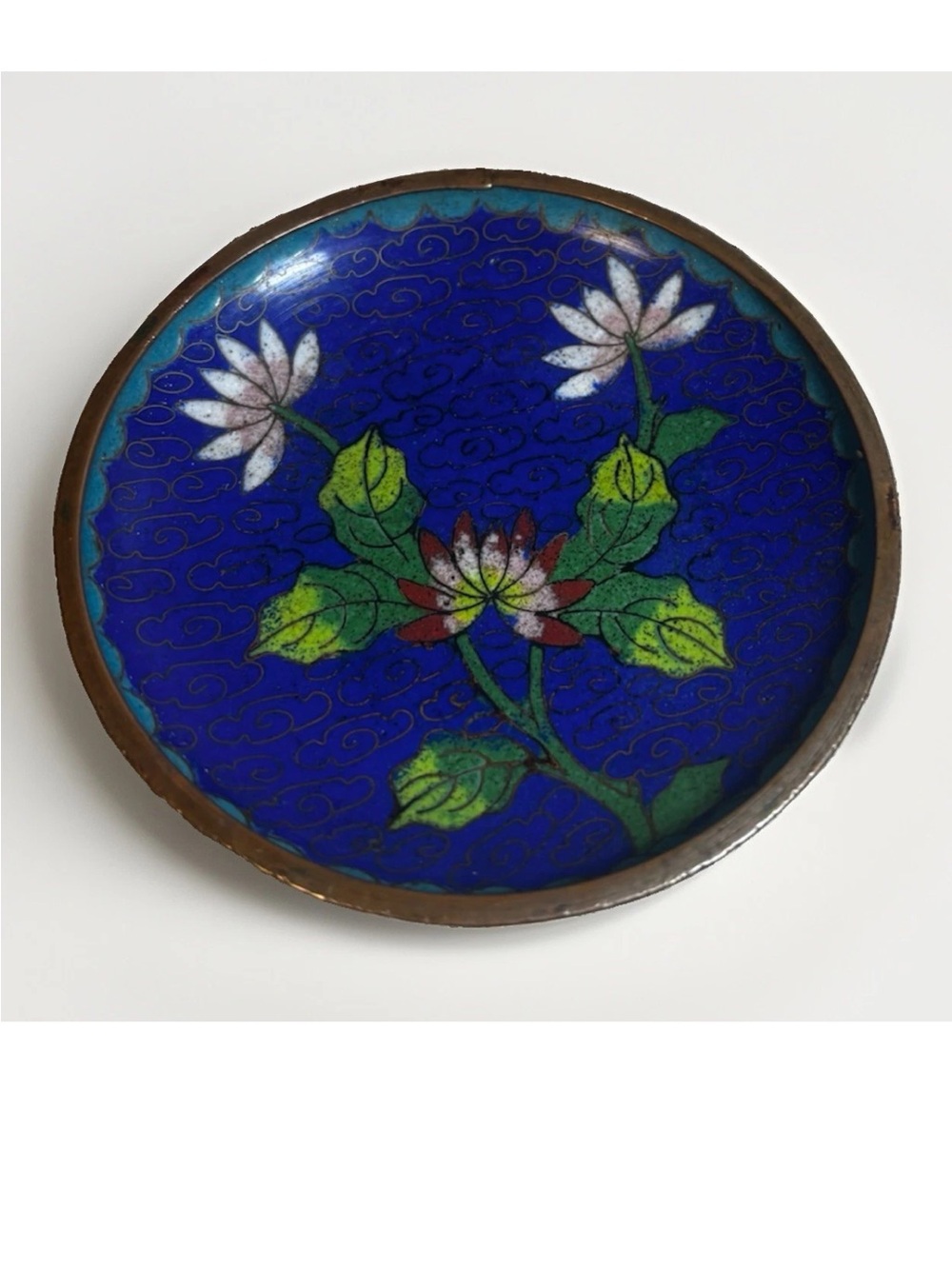Blue Cloisonné Floral Accent Plate with Green Leaves Mini Plate